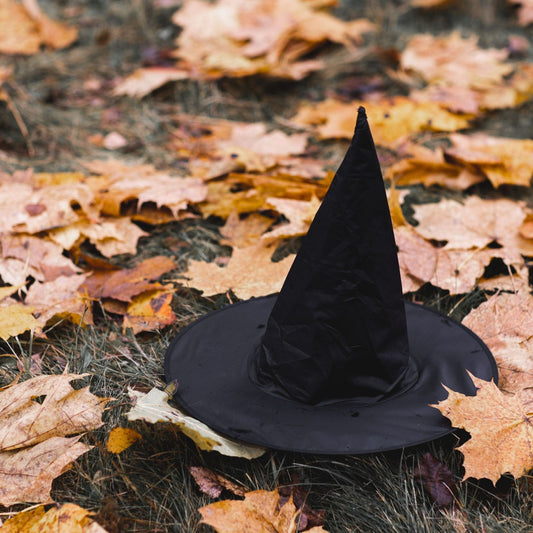 a black witch hat outside on the ground with leaves