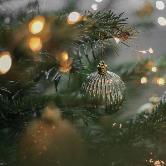 a photo of a silver christmas ornament on a christmas tree