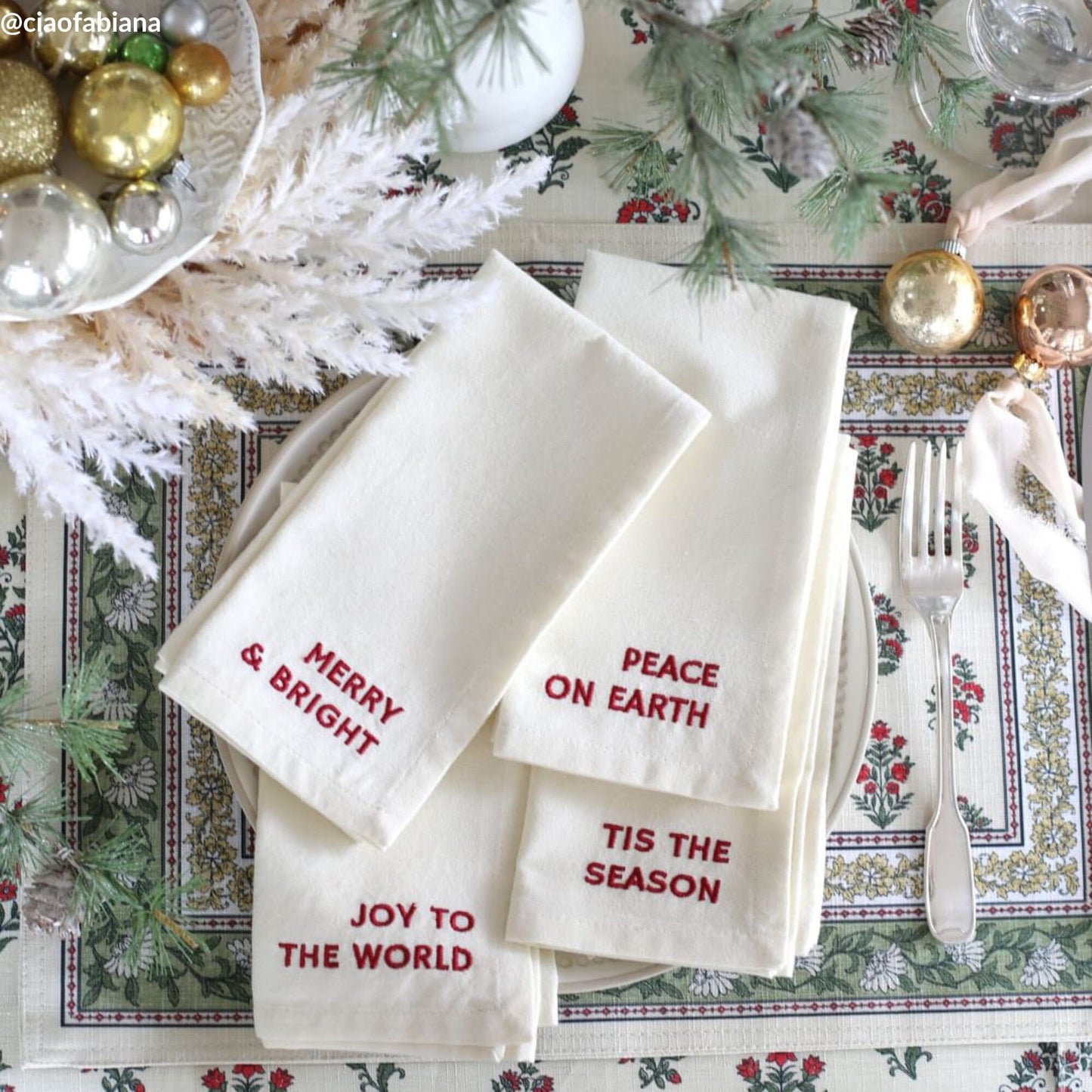 Joyful Sentiment Christmas/Holiday Embroidered Napkins, Set of 4