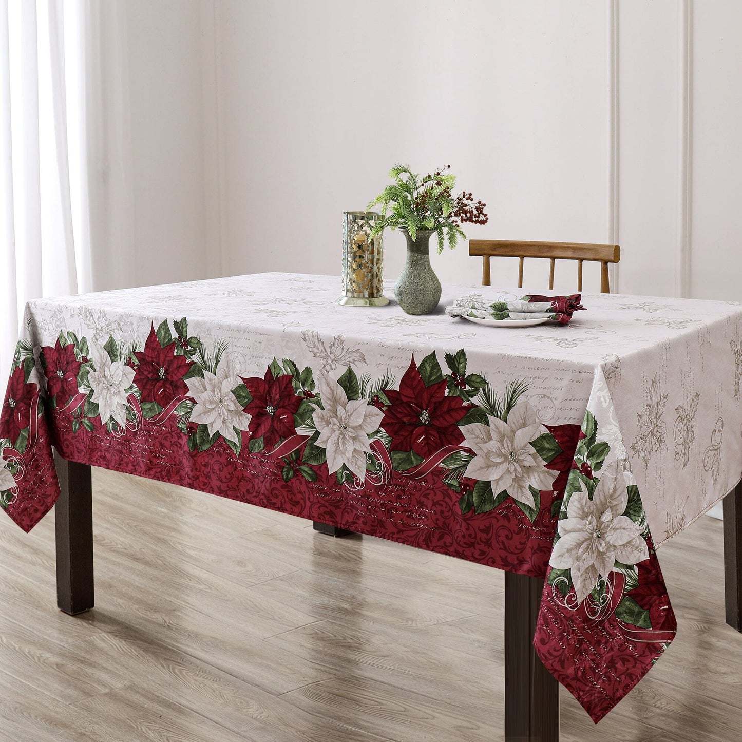 Clarette Poinsettia Holiday Fabric Tablecloth