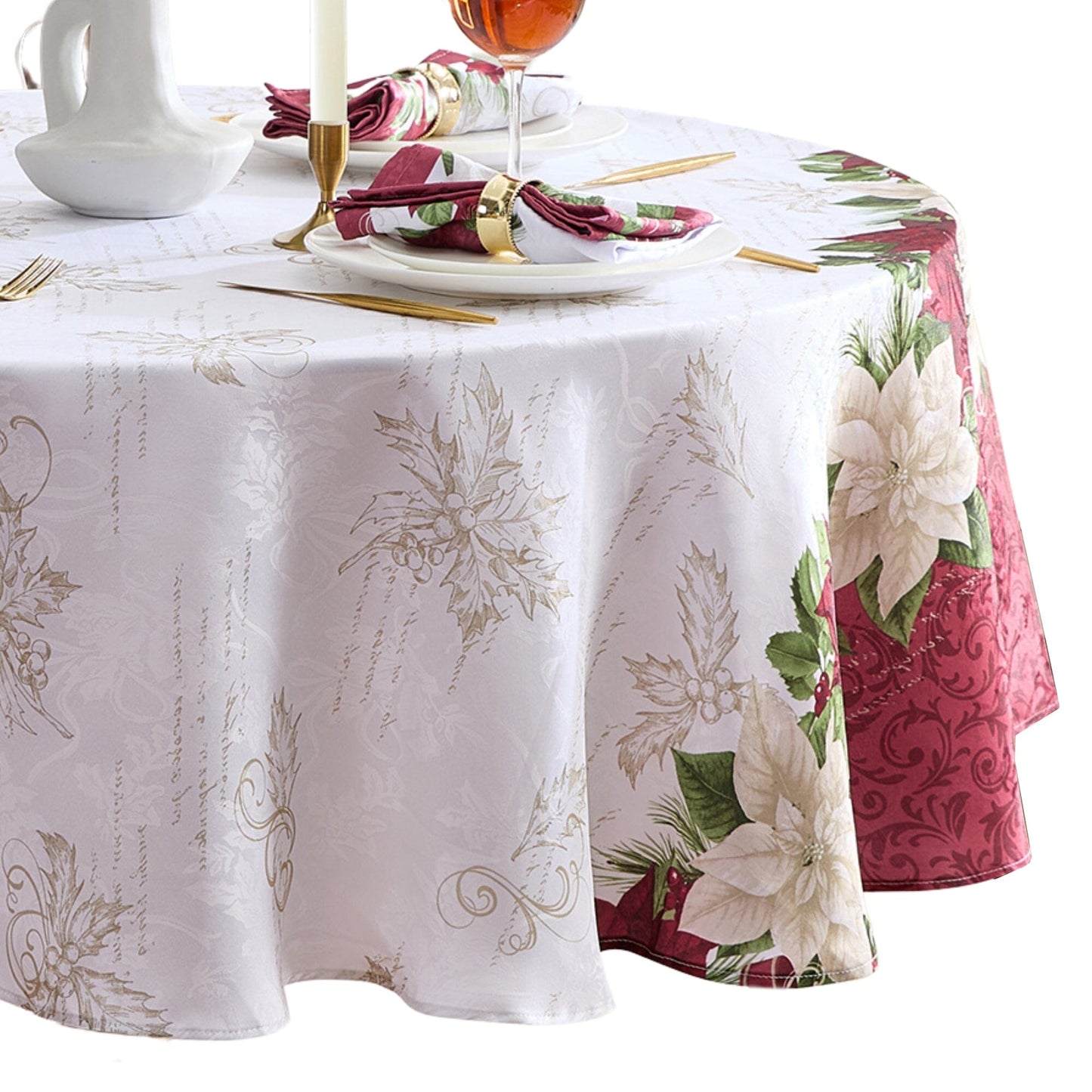 Clarette Poinsettia Holiday Fabric Tablecloth