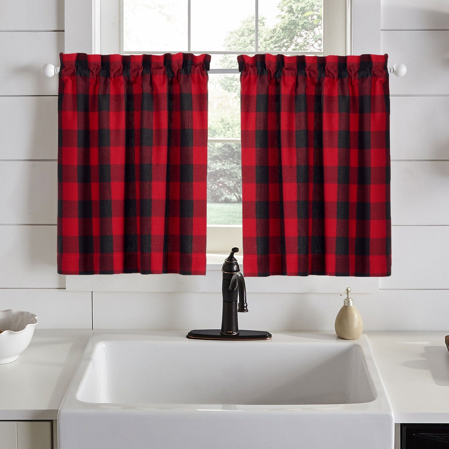 Farmhouse Red/Black Buffalo Check Kitchen Curtain Tiers Set