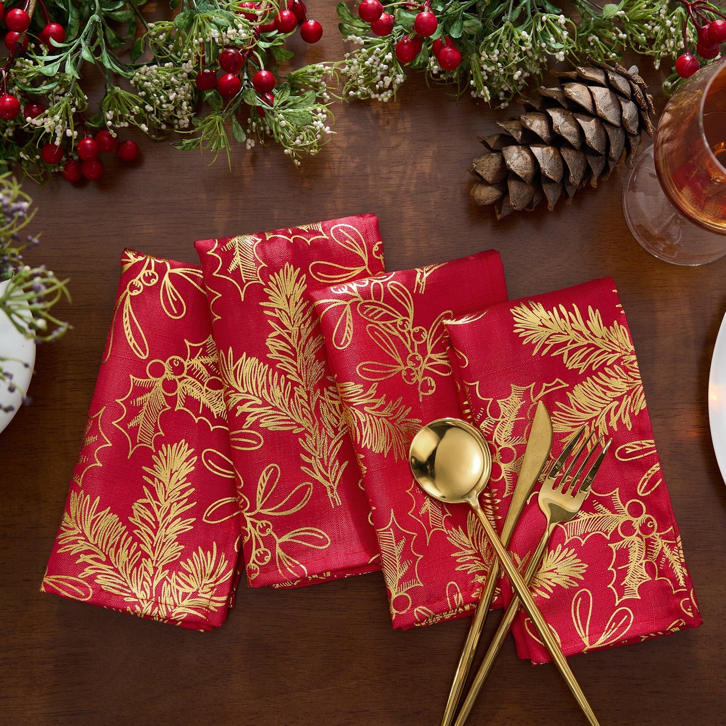 Foil Woodland Holiday Fabric Napkins, Set of 4