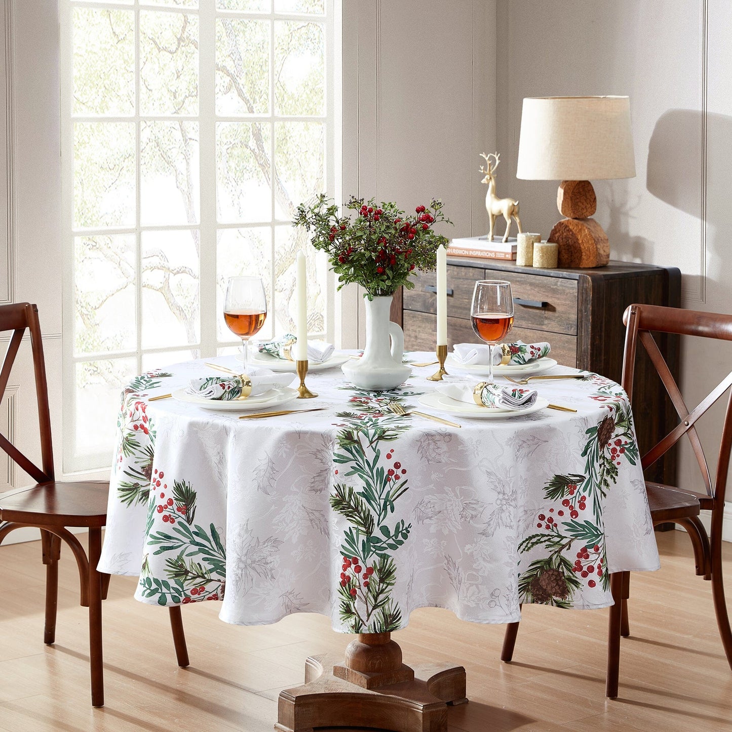 Holly Berry Flourish Holiday Fabric Tablecloth