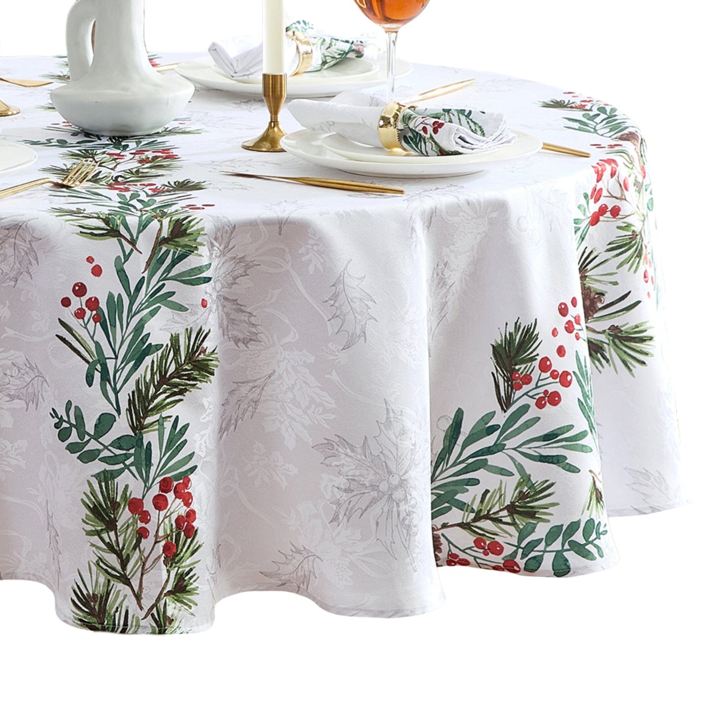 Holly Berry Flourish Holiday Fabric Tablecloth