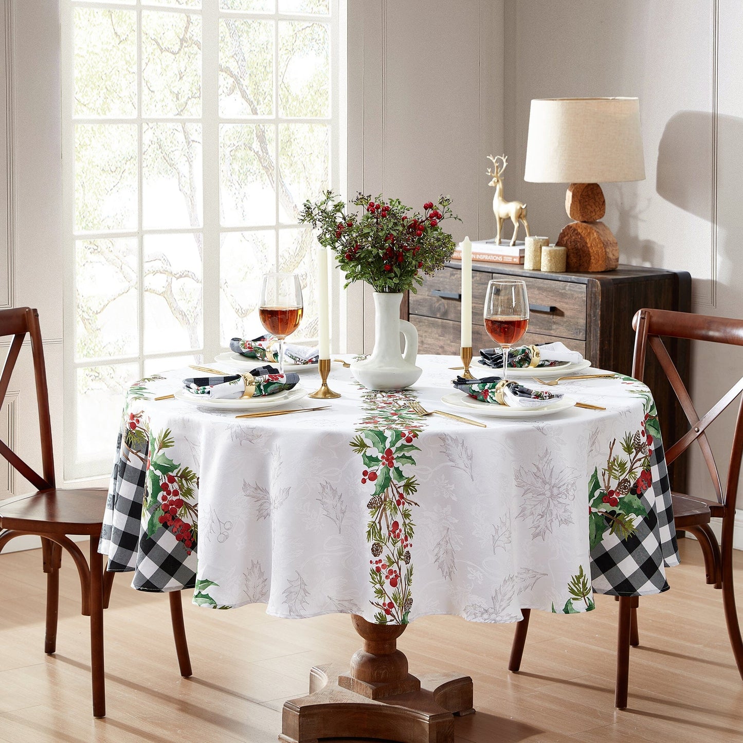 Holly Farmhouse Charm Holiday Fabric Tablecloth