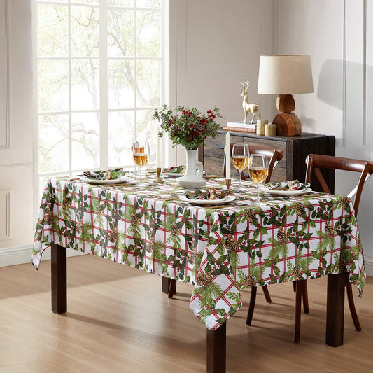 Mantel navideño de tela a cuadros con piñas