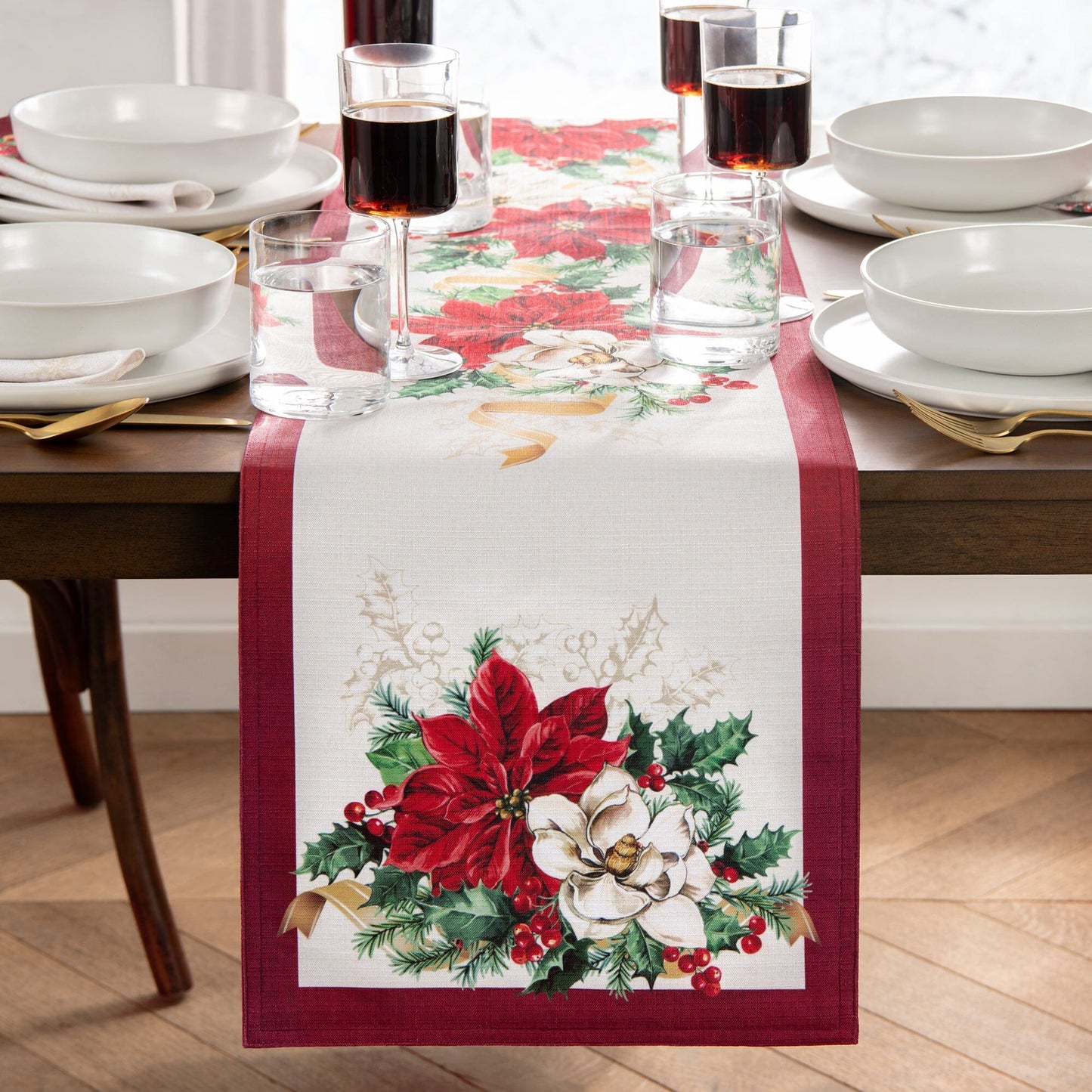 Poinsettia Garlands Engineered Table Runner