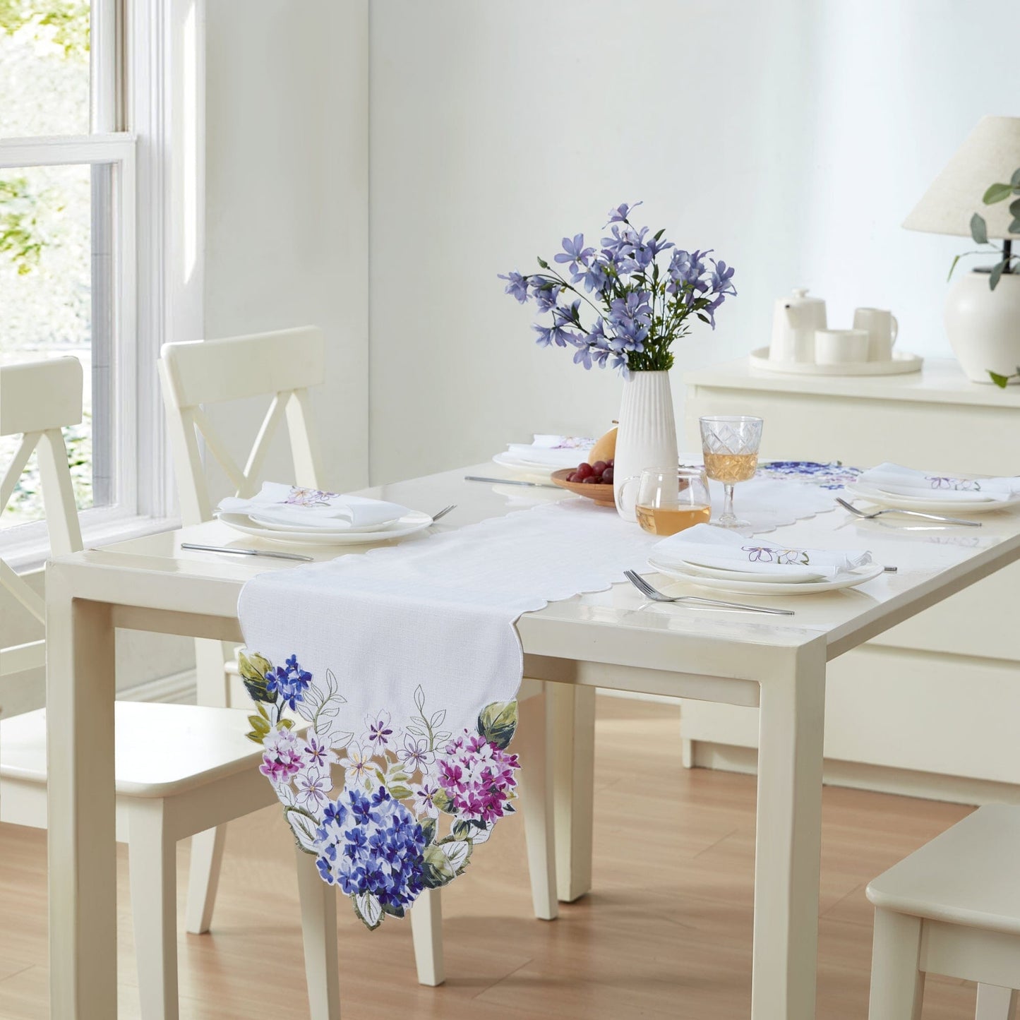 Spring Hydrangea Floral Cutwork Table Runner