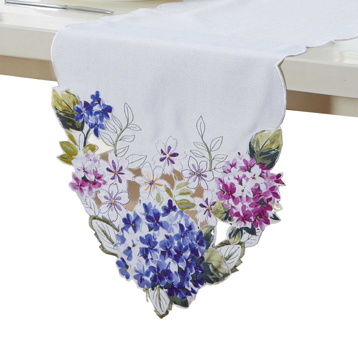 Spring Hydrangea Floral Cutwork Table Runner