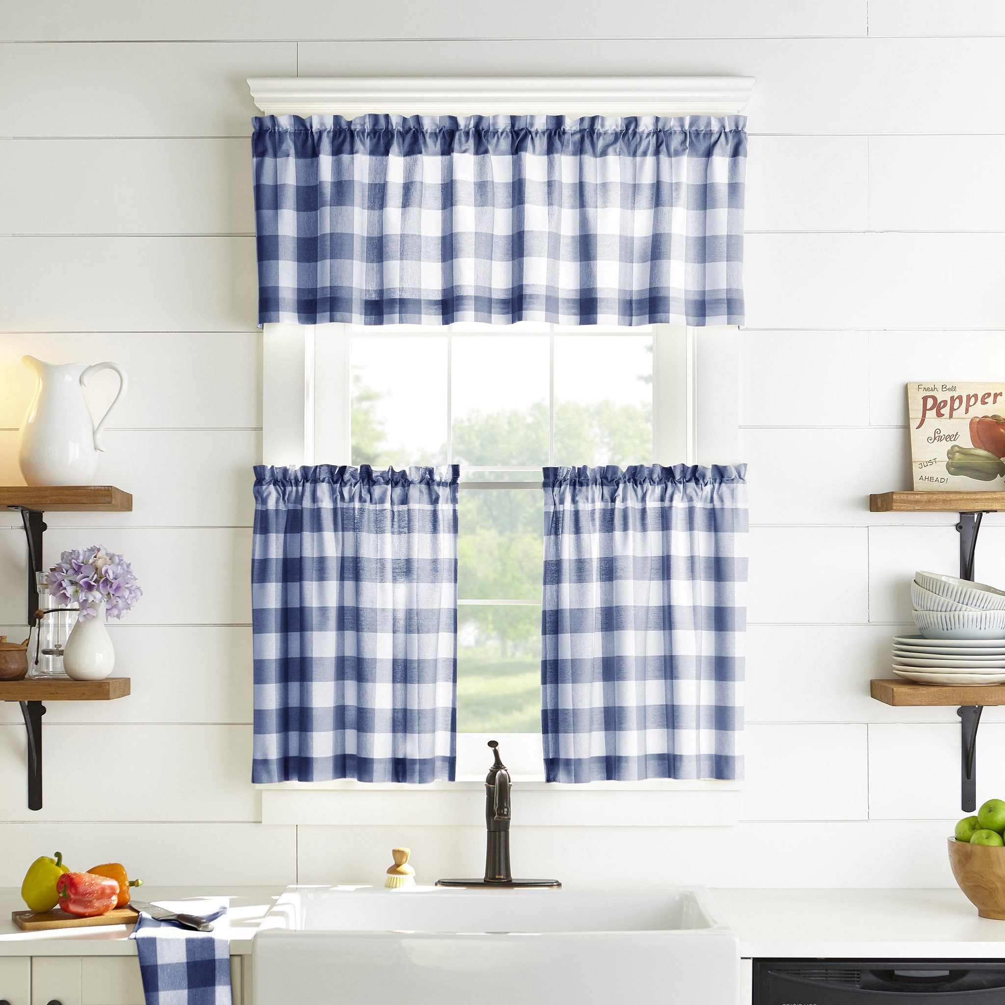 Indoor/Outdoor Scalloped authentic Valance in Anderson Ocean Blue Buffalo Check