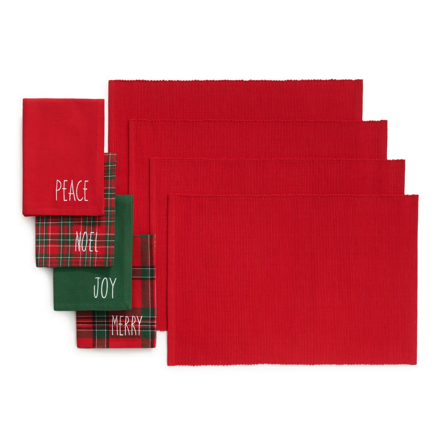 4 red placemats and coordinating mix-matched napkins. Each napkin is different.  The green one says "joy" , the red one says "peace", the red/green plaid 1 says "noel", the red/green plaid 2 says "Merry"